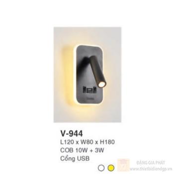 Đèn vách gắn đầu giường V-944 L120 x W80×H180 COB 10W +3W Cổng USB V-944