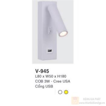 Đèn vách gắn đầu giường V-945 L80 x W50×H180 COB 3W - Cree USA Cổng USB V-945