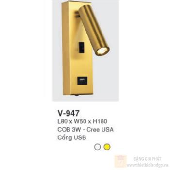 Đèn vách gắn đầu giường V-947 L80 x W50 × H180 COB 3W - Cree USA Cổng USB V-947