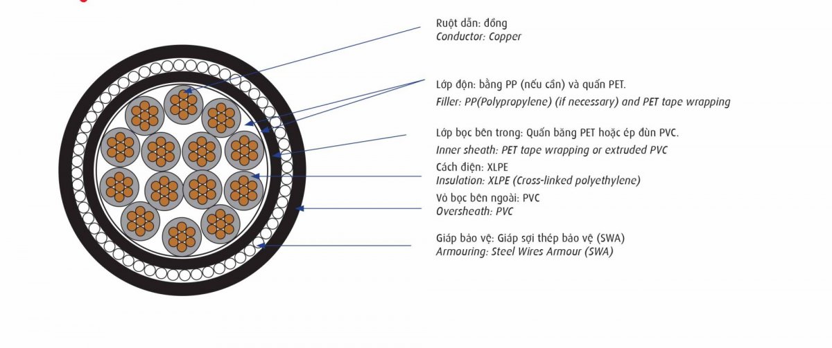 Cấu tạo cáp điều khiển Cadivi DXV/SWA – 0,6/1 kV