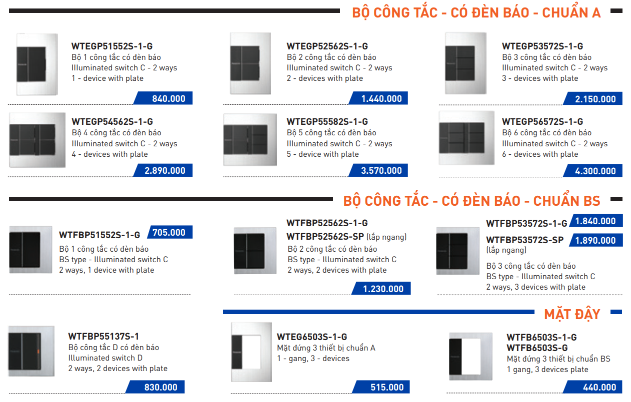 Một số mẫu công tắc có đèn báo chuấn A Panasonic